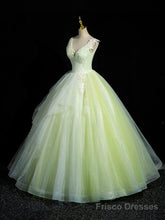 Green V-Neck Tulle Lace Long Prom Dress, A-Line Sleeveless Evening Dress