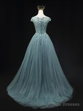 Blue Scoop Neckline Tulle Lace Long Prom Dress, Beautiful Lace Formal Evening Dress