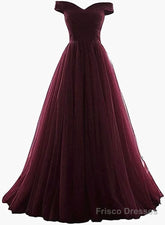 Maroon Off Shoulder Bridesmaid Dress Long, Simple Tulle Dress