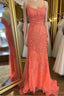 Mermaid Backless Orange Lace Long Formal Prom Dresses, Mermaid Orange Lace Formal Dresses, Orange Lace Evening Dresses