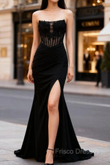 Mermaid Black Corset Strapless Long Formal Prom Dress with Slit
