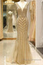 Mermaid Deep V-Neck Gold Beaded Formal Prom Dress