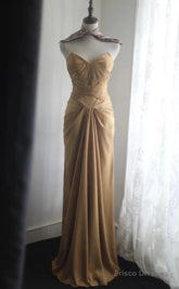 Mermaid Gold Strapless Satin Long Prom Dress Simple Evening Dress