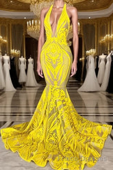 Mermaid Halter Floor-length Sleeveless Open Back Appliques Lace Formal Prom Dresses