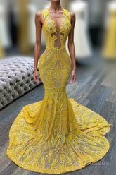 Mermaid Halter Floor-length Sleeveless Open Back Sequined Appliques Lace Formal Prom Dresses
