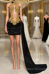 Mermaid High Neck Applique Lace Mini Sleeveless Backless Formal Prom Dresses With Side Train