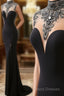 Mermaid High Neck Beaded Jersey Black Formal Prom Gown With Slit