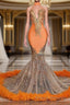 Mermaid High Neck Floor-length Sleeveless Appliques Lace Formal Prom Dresses With Feather