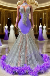 Mermaid High Neck Floor-length Sleeveless Open Back Appliques Lace Beaded Formal Prom Dresses With Feather