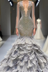 Mermaid Jewel Lace Sequined Open Back Floor-length Long Sleeve Lace Beading Formal Prom Dresses With Feather