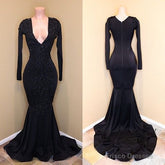 Mermaid Lace Sequins V Neck Long Sleeveless Black Prom Dresses