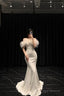 Mermaid Long Champagne Prom Dress Sequin Off The Shoulder Evening Dress With Feather