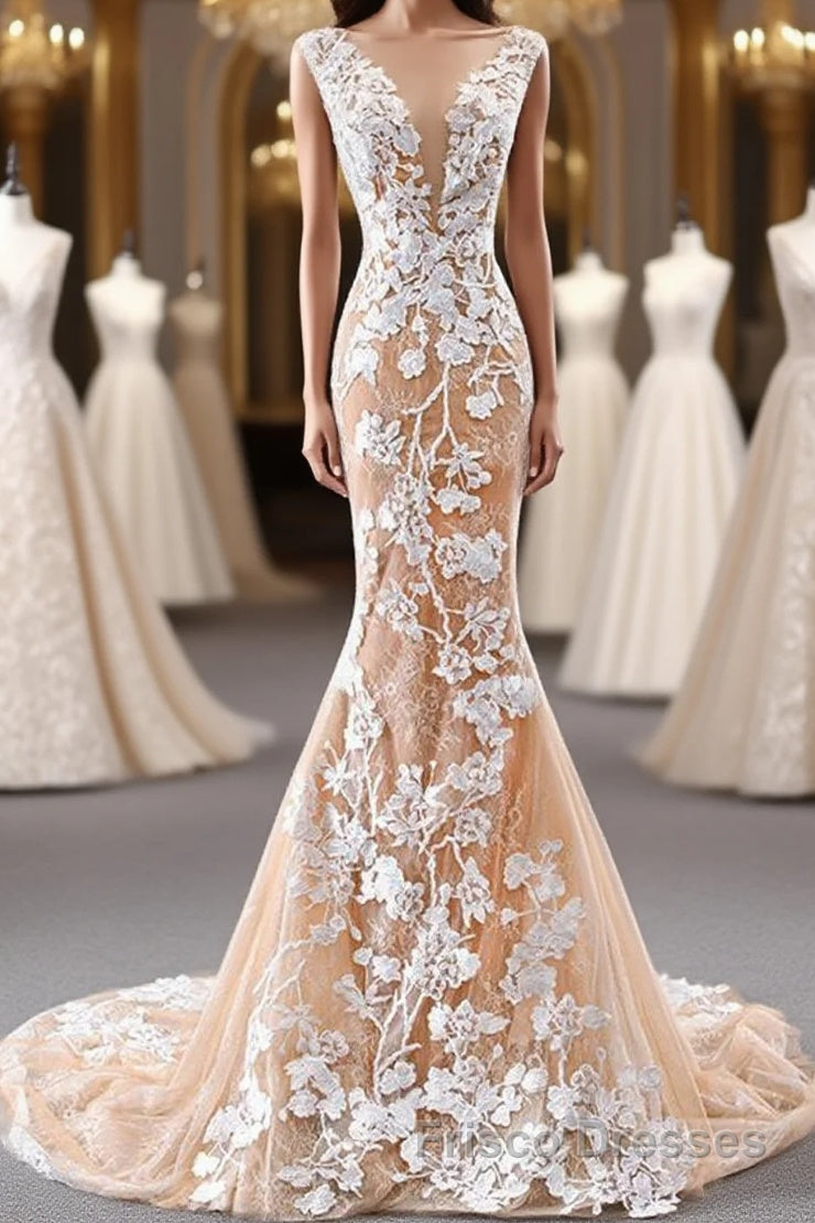 Mermaid Open Back Champagne Lace Long Formal Prom Dresses, Champagne L