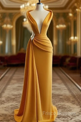 Mermaid Formal Prom Dress Deep Neck Sexy Satin Formal Dress Cheap Sweep Cocktail Dress