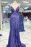 Mermaid Purple Sequins Long Formal Prom Dress with Slit,Navy Blue Evening Party Gowns
