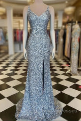 Mermaid Silver Sequin Formal Prom Dress V-Neck Long Formal Gown Slit