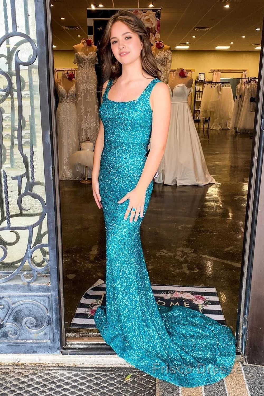 Mermaid Square Neck Sparkly Turquoise Sequins Long Prom Dress Frisco Dresses Mermaid Square Neck Sparkly Turquoise Sequins Long Prom Dress Frisco Dresses