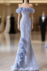 Mermaid Strapless Blue Sequin Formal Prom Dress Evening Dress