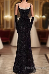Mermaid Straps Sequin Black Backless Long Formal Prom Dress