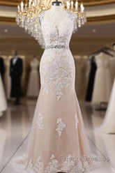 Mermaid Sweep Train Open Back Tulle Formal Prom Appliques Wedding Dress