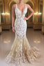 Mermaid V Neck Champagne Lace Formal Prom Dresses, Mermaid Champagne Formal Dresses, Champagne Lace Evening Dresses