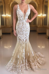 Mermaid V Neck Champagne Lace Formal Prom Dresses, Mermaid Champagne Formal Dresses, Champagne Lace Evening Dresses