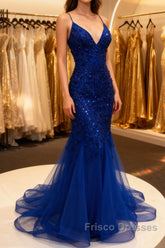 Mermaid V Neck Royal Blue Beade Applique Tulle Long Formal Prom Dress, Evening Dress