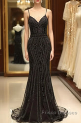 Mermaid V Neck Sequined Black Formal Prom Dress Spaghetti Straps