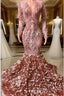 Mermaid V-neck Sequined Floor-length Long Sleeve Lace Formal Prom Dresses With Feather