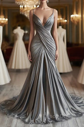 Mermaid V Neck Silver Spaghetti Straps Satin Long Formal Prom Dress Sexy Evening Dress