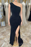 Black One Shoulder Mermaid Ruffle Long Mother of Bride Dress with Slit