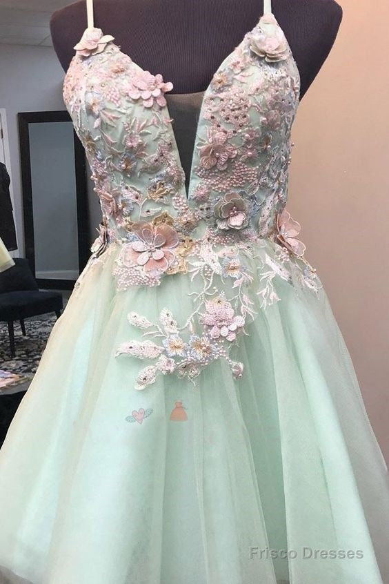 Mint Green Short Homecoming Dress With Flowers, Mini Tulle Graduation