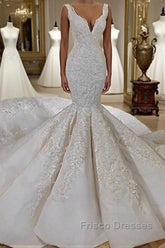 Modern Mermaid Lace Wedding Dress Online Straps Luxurious Bridal Gowns with Long Train