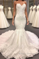 Modern Strapless Lace Appliques Mermaid Wedding Bridal Gowns New Arrival