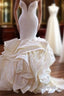 Modern Strapless Mermaid Ivory Wedding Dress Tiered Ruffless Satin Bridal Gowns with Cathedral Train