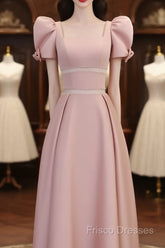 Modest A Line Short Sleeves Long Pink Formal Prom Dress
