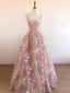 Modest A Line Square Neckline Sleeveless Pink Floral Lace Floor Length Prom Dresses