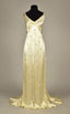 Modest A Line V Neckline Yellow Satin Beads Long Party Dress Prom Dresses