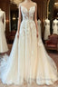 Modest Long A-line Spaghetti Straps Tulle Wedding Dress with Appliques Lace