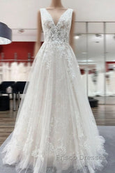 Modest Long A-line V-neck Open Back Tulle Wedding Dress with Appliques Lace