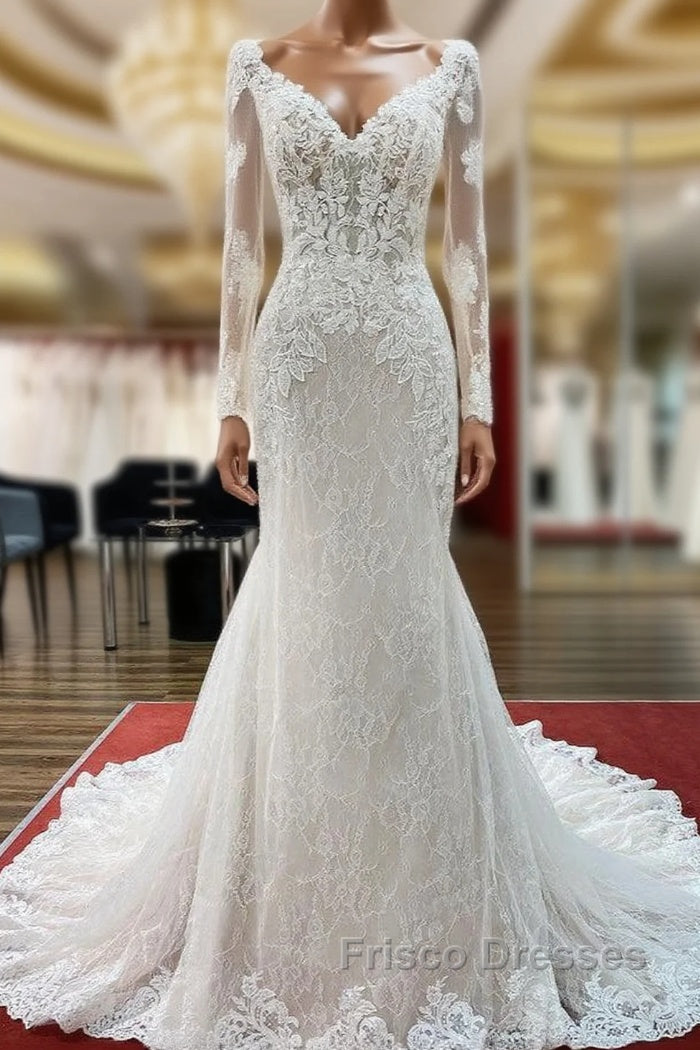 Modest Long Mermaid Sweetheart Tulle Lace Wedding Dress with Sleeves Frisco Dresses Modest Long Mermaid Sweetheart Tulle Lace Wedding Dress with Sleeves Frisco Dresses