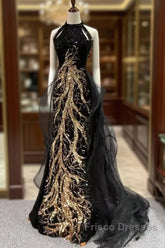 Modest Mermaid Halter Long Black Formal Prom Dress