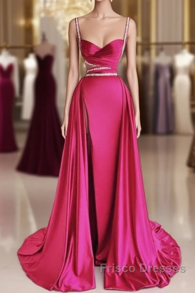 Modest Mermaid Straps Long Hot Pink Slit Satin Formal Prom Dress Frisco Dresses Modest Mermaid Straps Long Hot Pink Slit Satin Formal Prom Dress Frisco Dresses