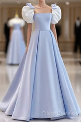 Modest Princess Short Sleeves Long Blue Satin Formal Prom Dress