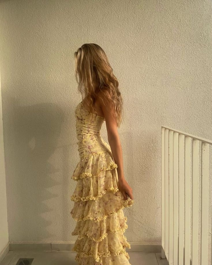 strapless open back dress Light Yellow One Shoulder 3D Appliques Beading Long Prom Dress with Sl main image 1