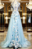 Modest Sky Blue A-Line Tulle Beading Embroidery Appliques Long Formal Prom Dress Pageant Gown