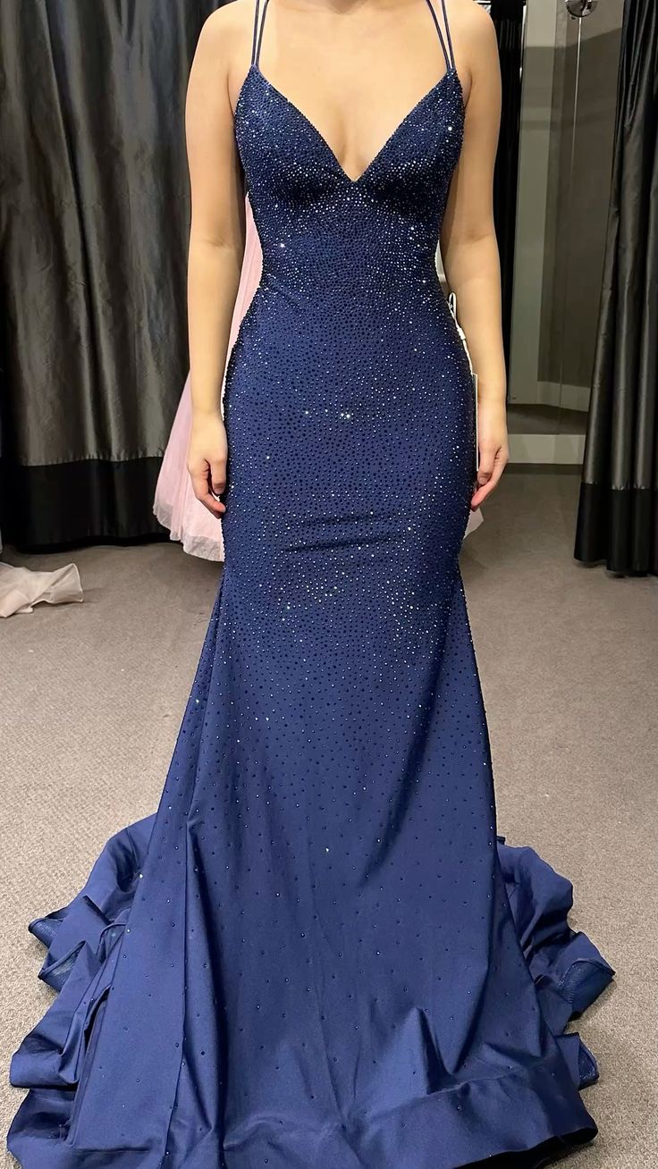 Modest Trendy Mermaid Spaghetti Straps Navy Blue Sequins Prom Dresses –  Frisco Dresses