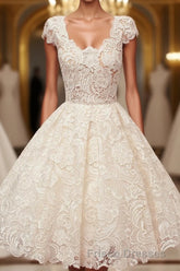 A-line Scoop Lace Short Formal Prom Dress Cap Sleeves Homecoming Dress