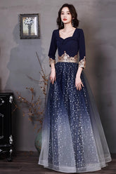 Navy Blue A-Line Short Sleeves Floor Length Party Dress, Navy Blue Bridesmaid Dress