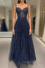Navy Blue A-Line Tulle With Lace Formal Prom Dress, Navy Blue Long Party Dress